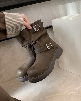 Fold low cylinder high round boots for women