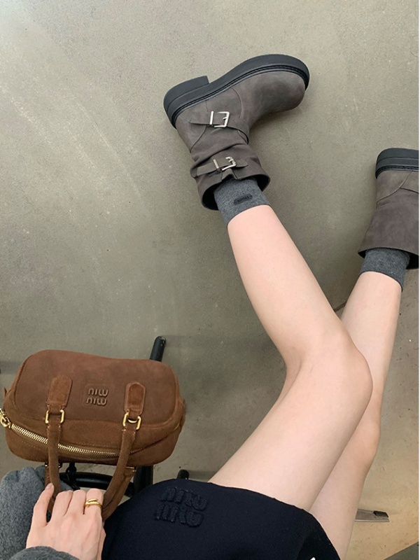 Fold low cylinder high round boots for women