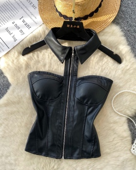 Inside the ride sleeveless halter retro vest zip PU slim tops