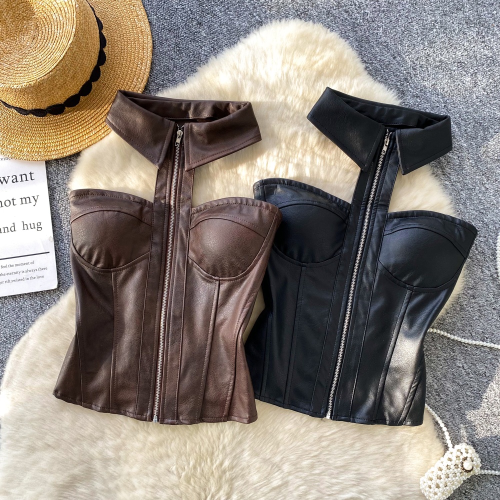 Inside the ride sleeveless halter retro vest zip PU slim tops