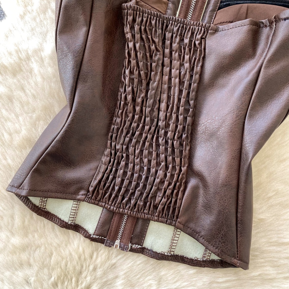 Inside the ride sleeveless halter retro vest zip PU slim tops