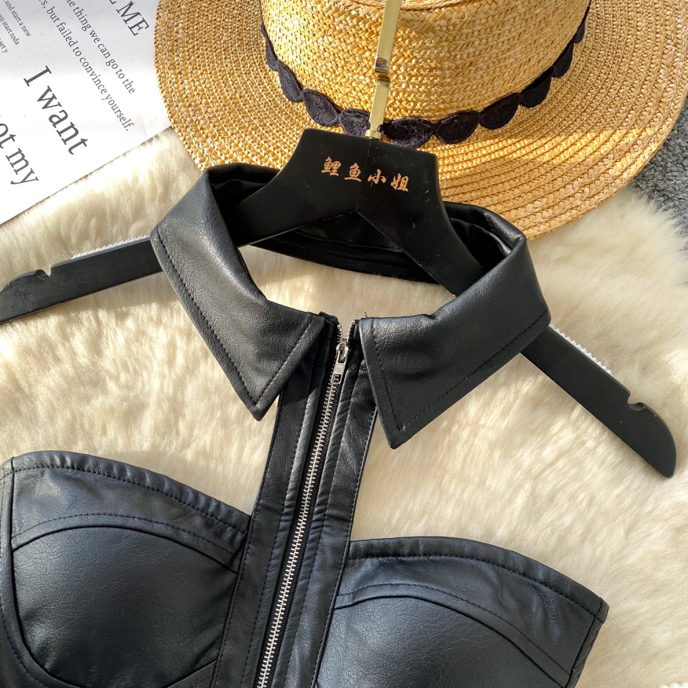 Inside the ride sleeveless halter retro vest zip PU slim tops