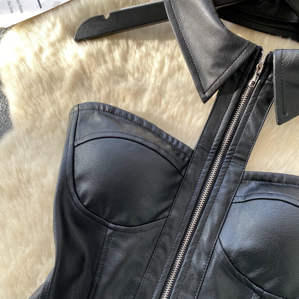 Inside the ride sleeveless halter retro vest zip PU slim tops