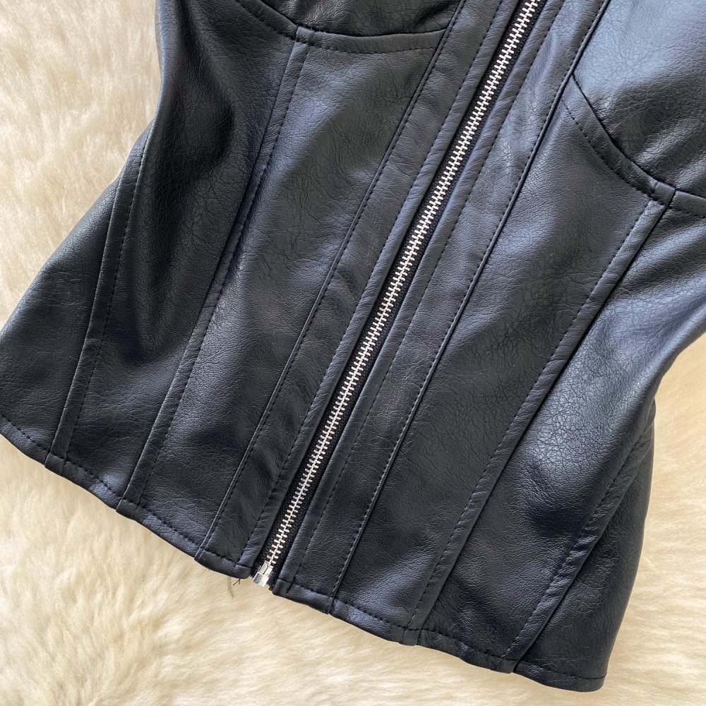 Inside the ride sleeveless halter retro vest zip PU slim tops