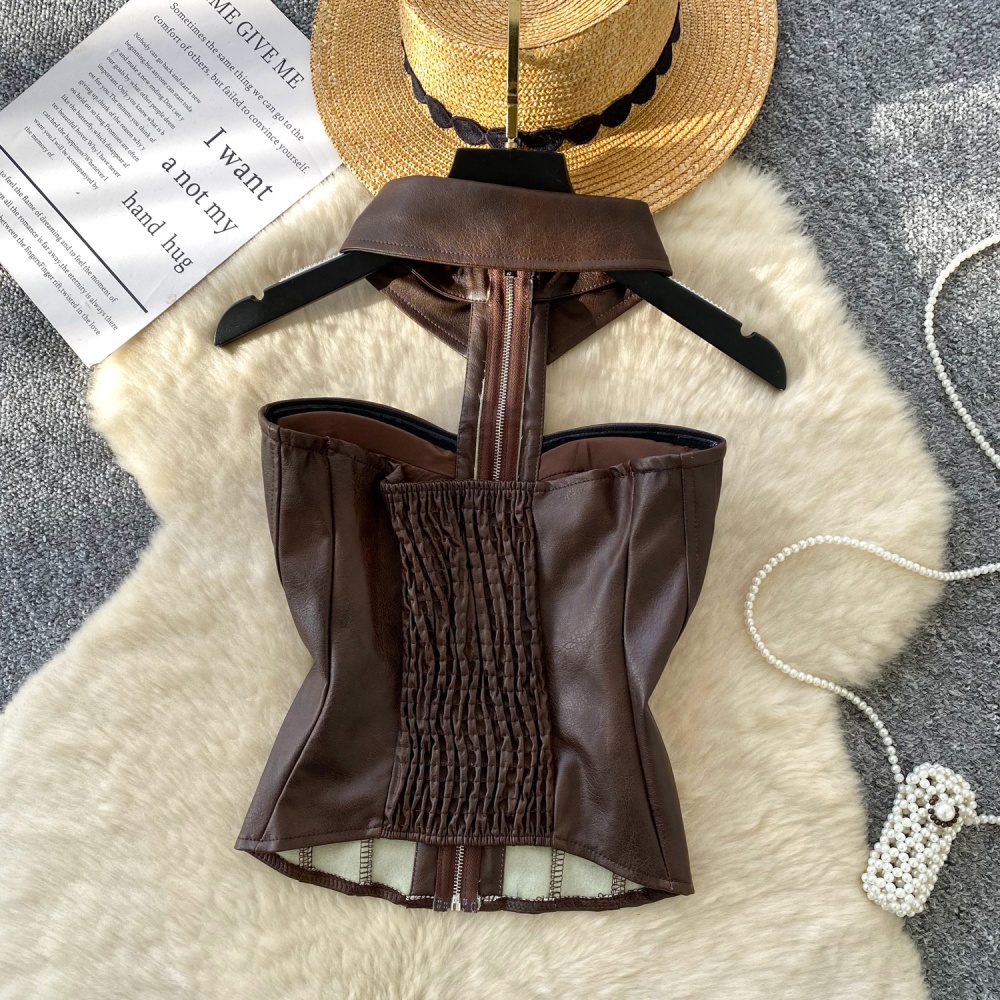 Inside the ride sleeveless halter retro vest zip PU slim tops