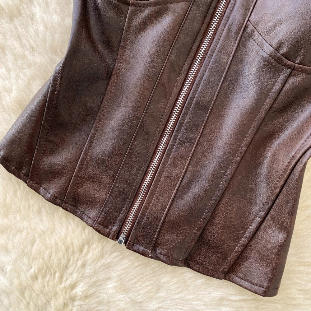 Inside the ride sleeveless halter retro vest zip PU slim tops