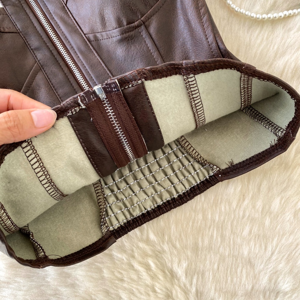 Inside the ride sleeveless halter retro vest zip PU slim tops