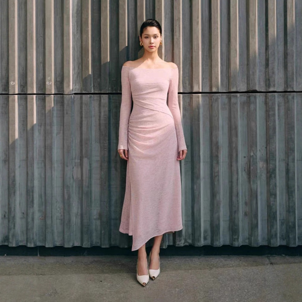 Tender flat shoulder long dress temperament elegant dress
