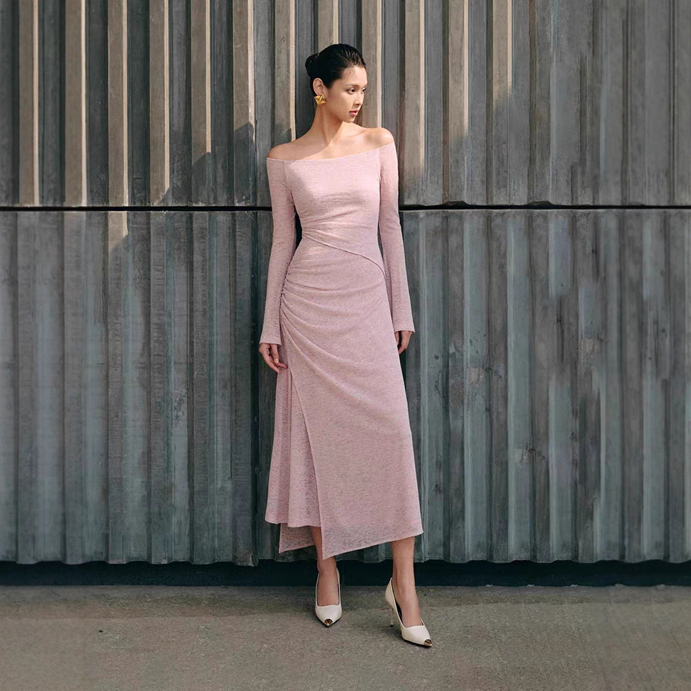 Tender flat shoulder long dress temperament elegant dress
