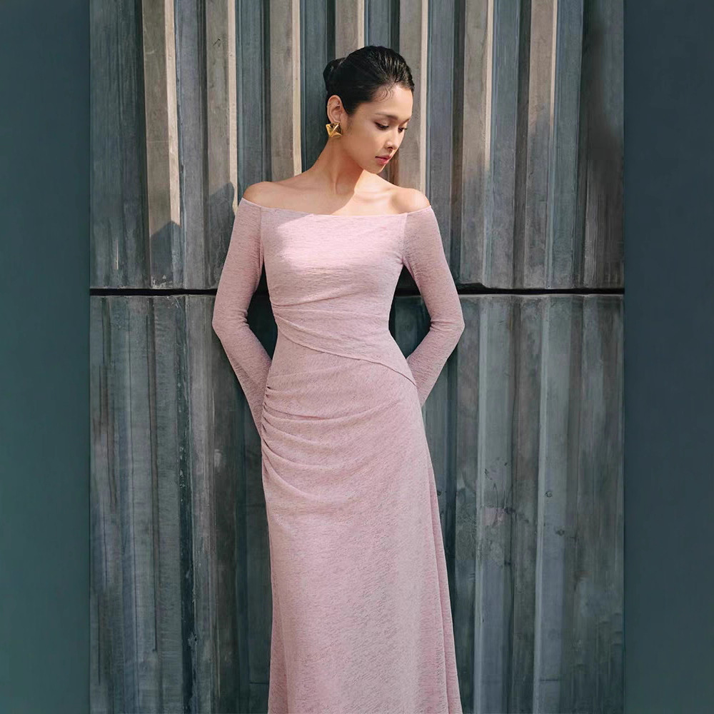 Tender flat shoulder long dress temperament elegant dress