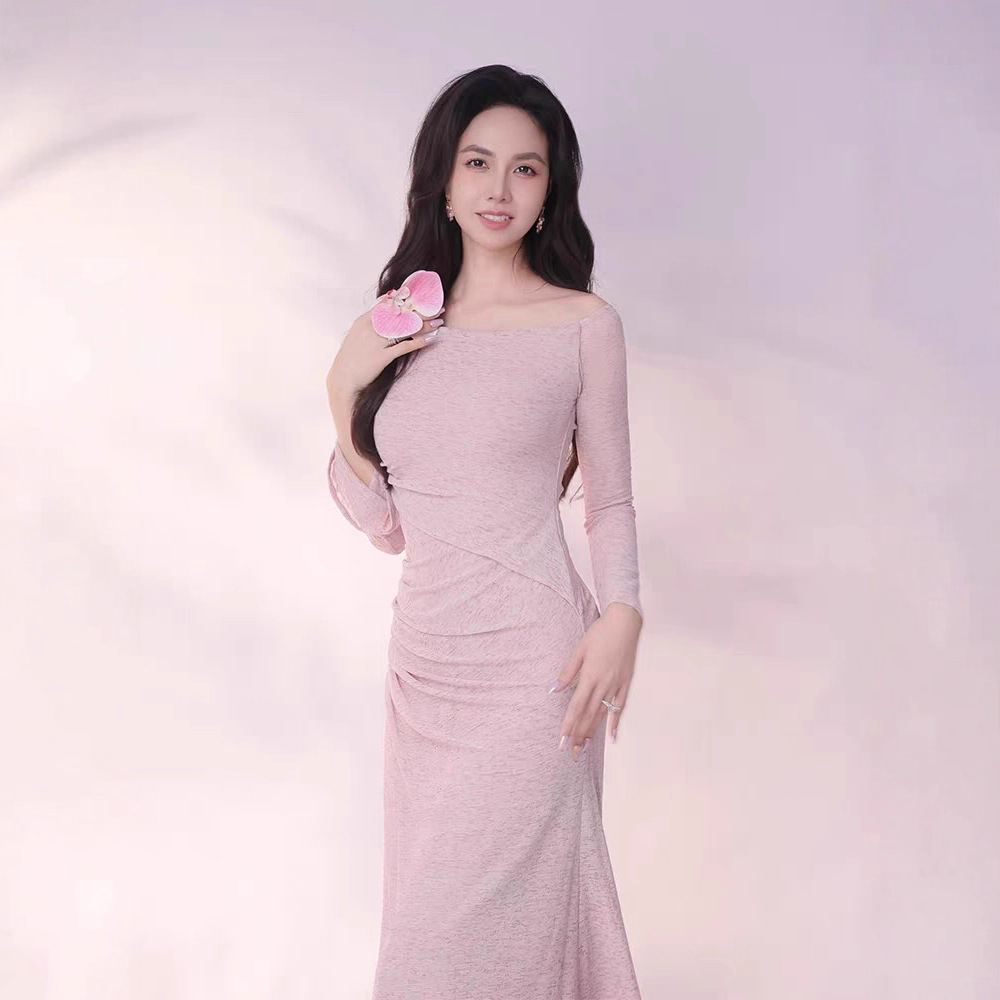 Tender flat shoulder long dress temperament elegant dress