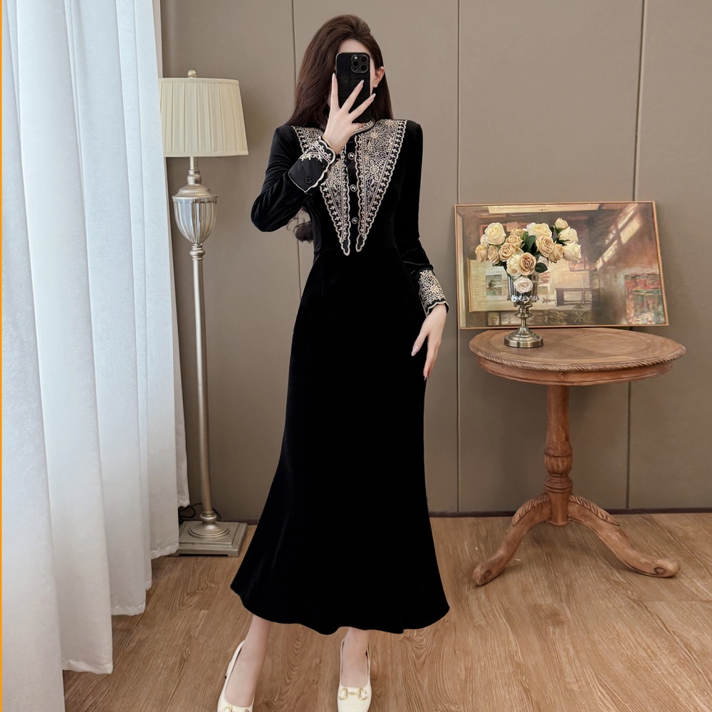 Red velvet autumn and winter mermaid niche dress