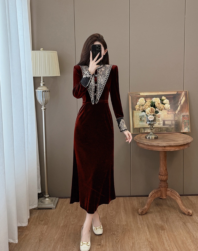 Red velvet autumn and winter mermaid niche dress
