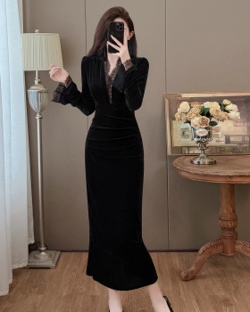 Ladies splice large yard temperament lace autumn and winter dress