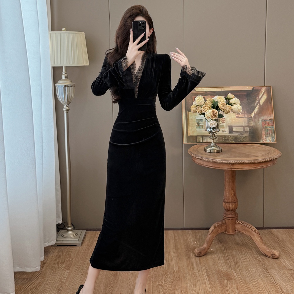 Ladies splice large yard temperament lace autumn and winter dress