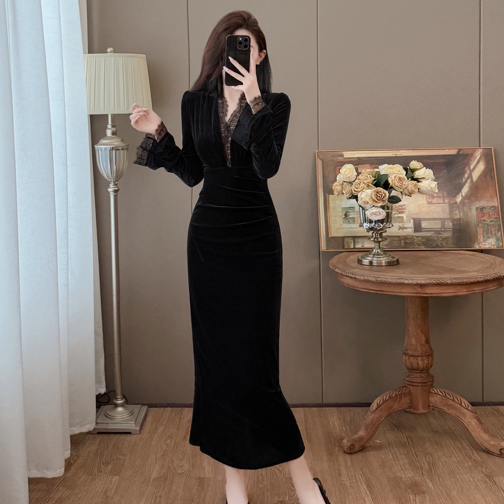 Ladies splice large yard temperament lace autumn and winter dress