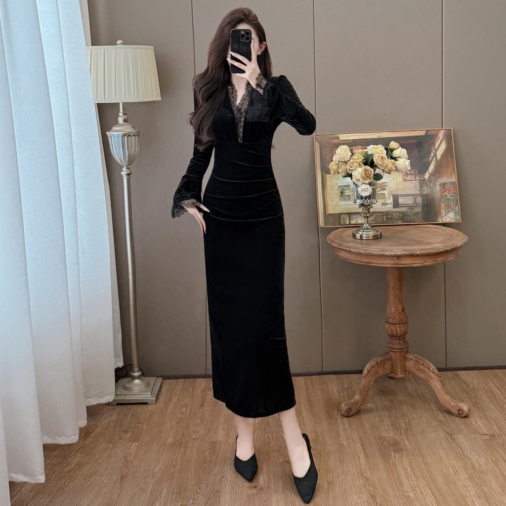 Ladies splice large yard temperament lace autumn and winter dress