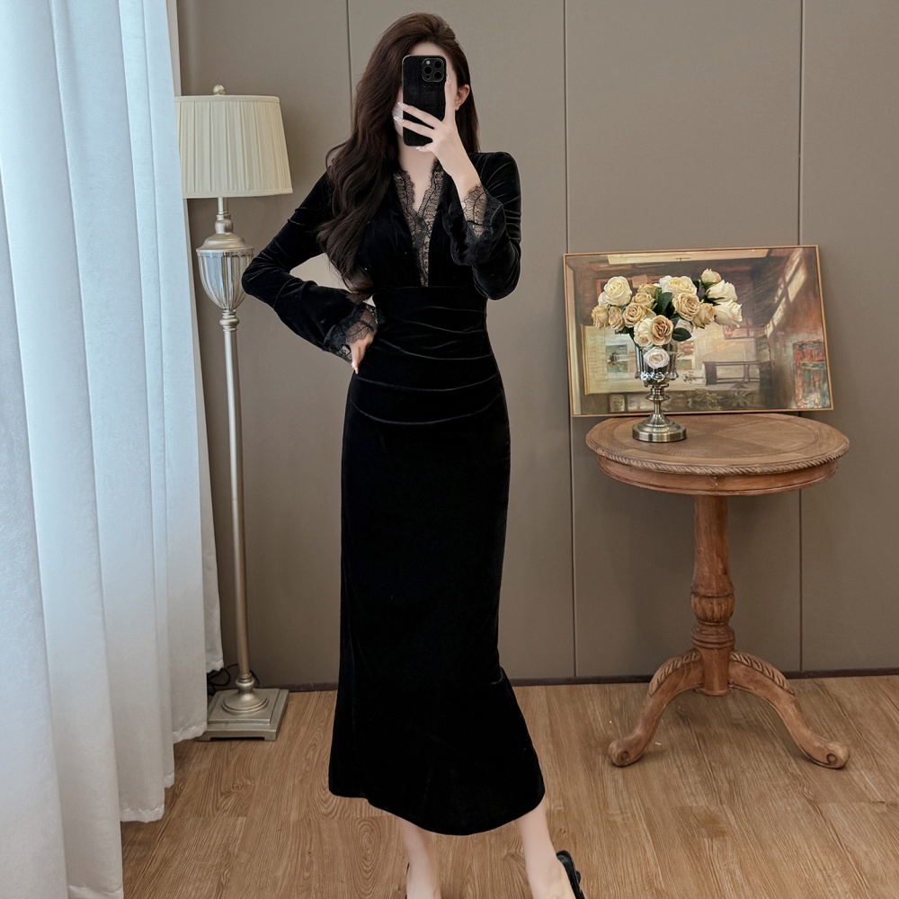 Ladies splice large yard temperament lace autumn and winter dress