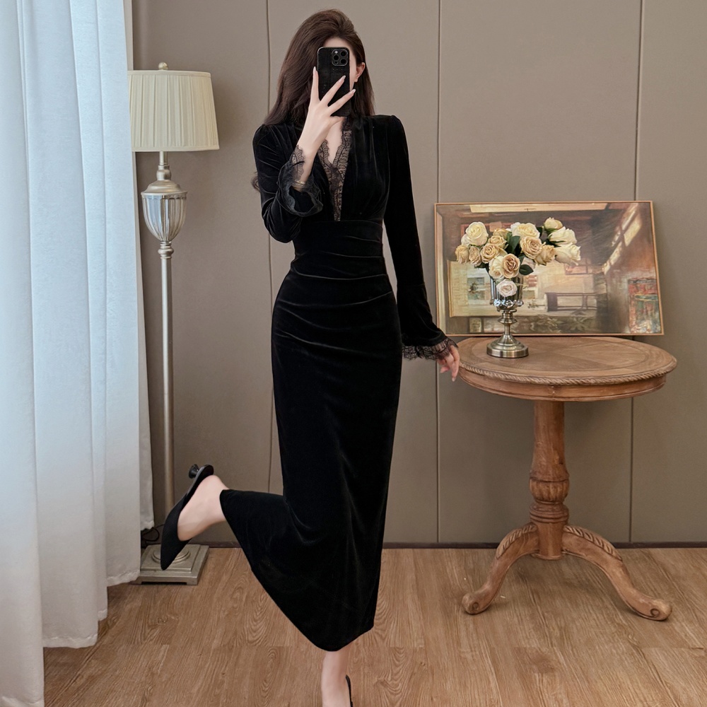 Ladies splice large yard temperament lace autumn and winter dress