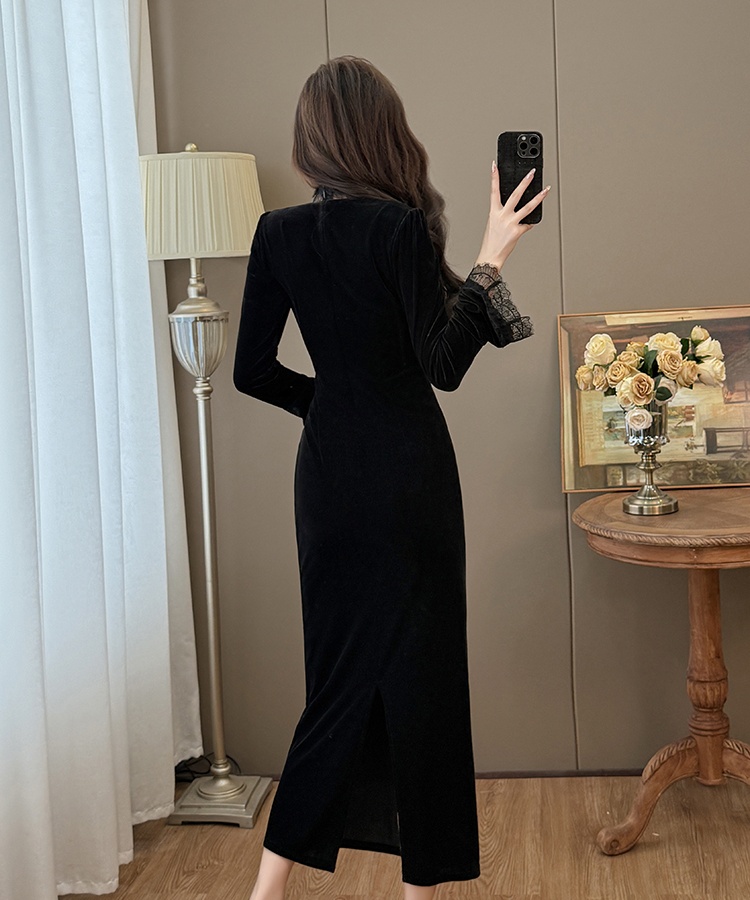 Ladies splice large yard temperament lace autumn and winter dress