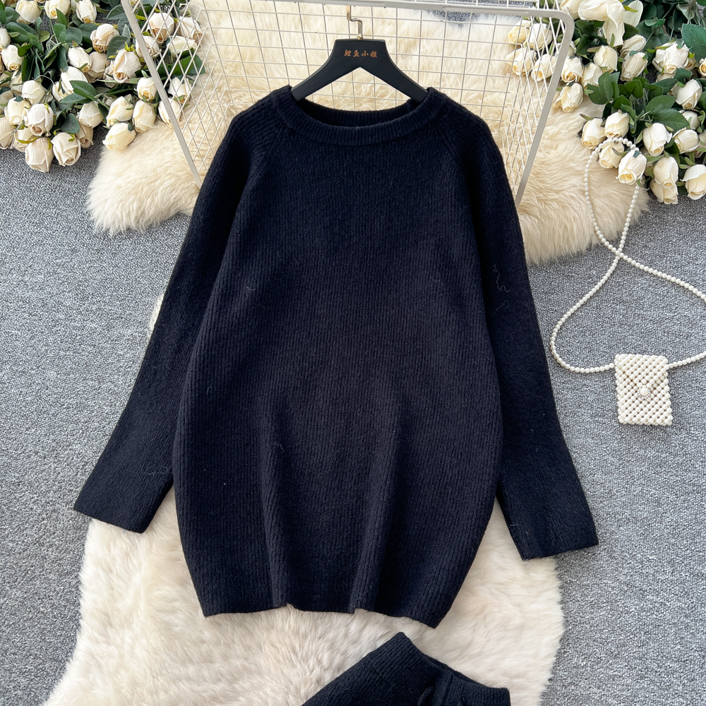 Long sleeve round neck sweater loose tops a set for women