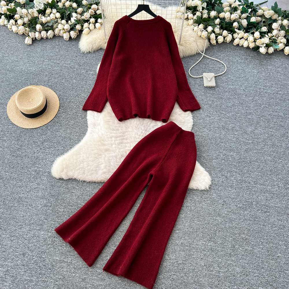 Long sleeve round neck sweater loose tops a set for women