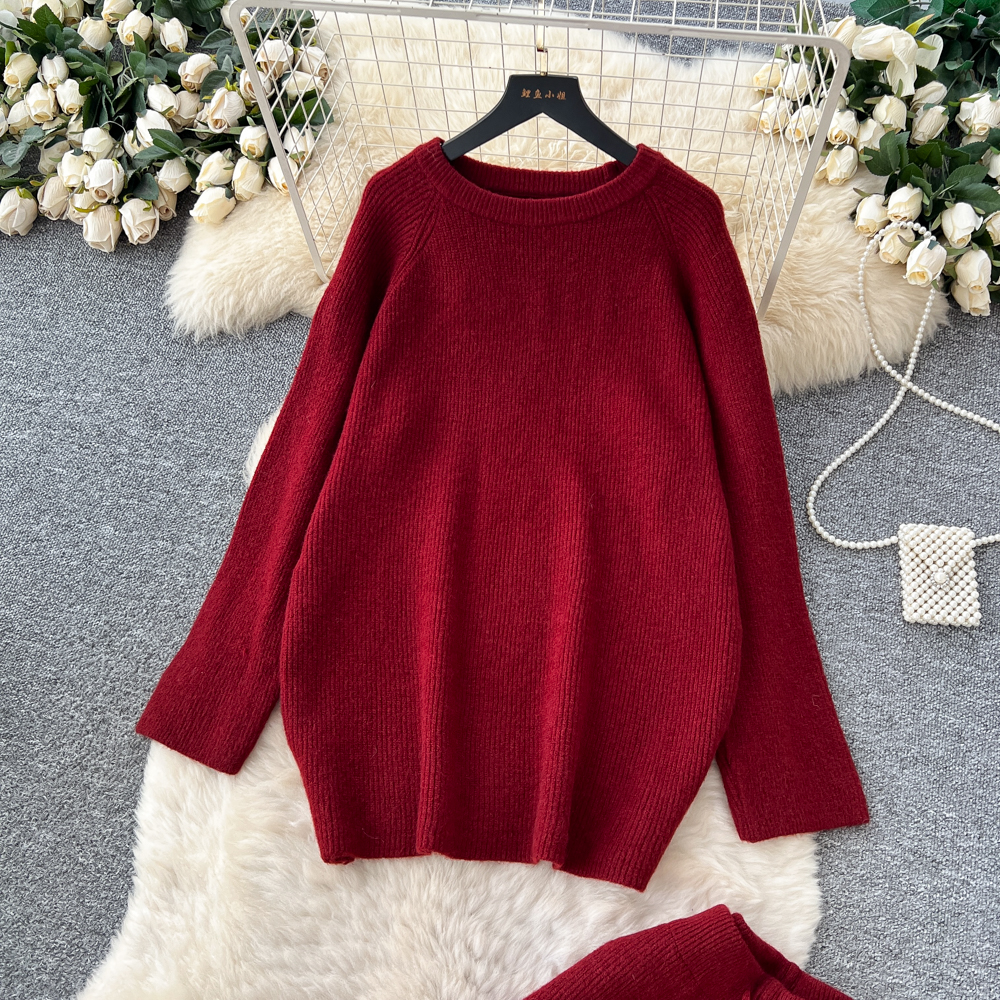 Long sleeve round neck sweater loose tops a set for women