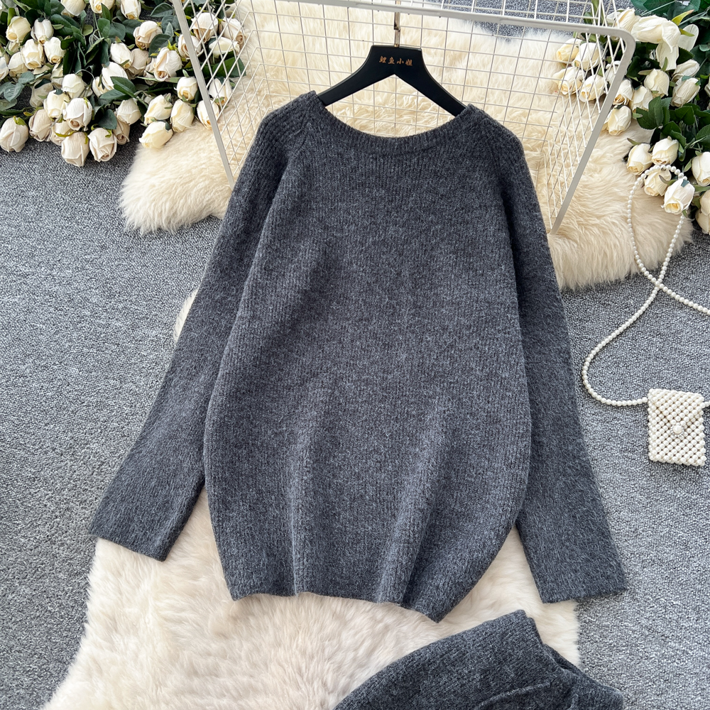 Long sleeve round neck sweater loose tops a set for women