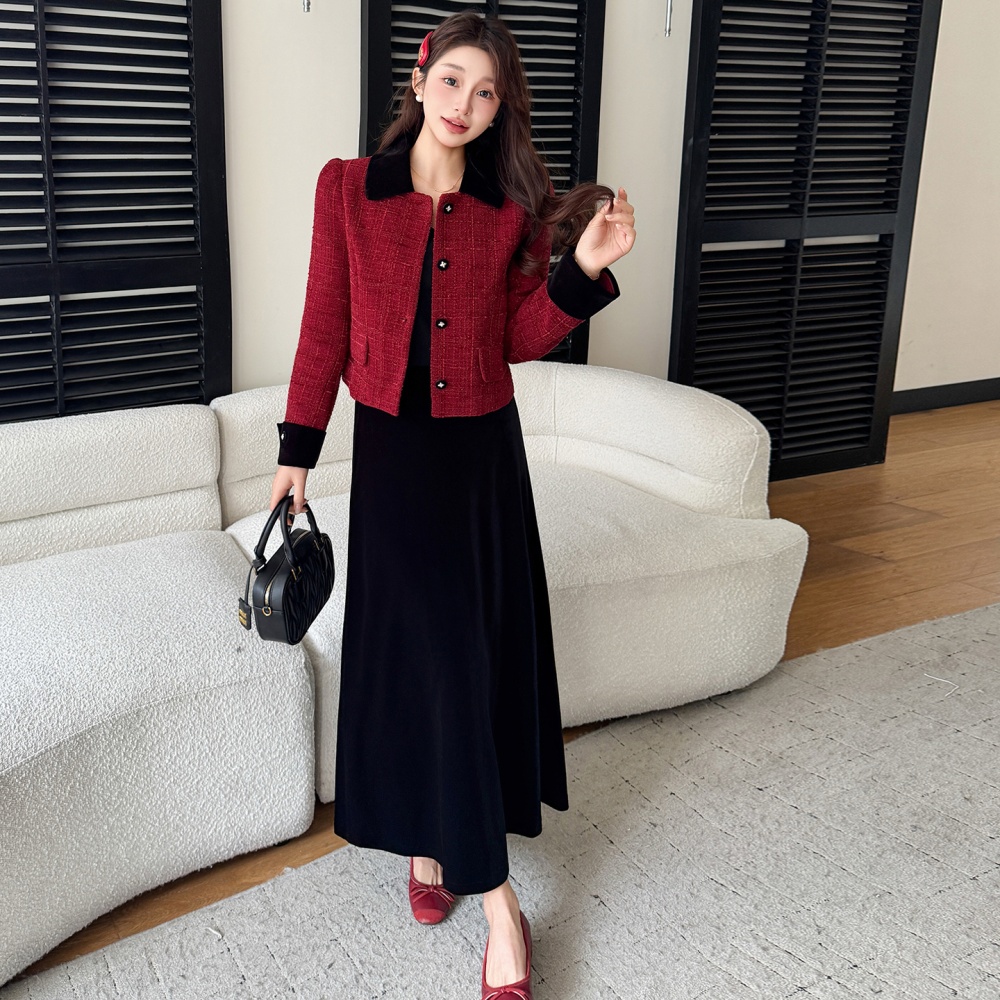Christmas red coat chanelstyle temperament skirt 2pcs set