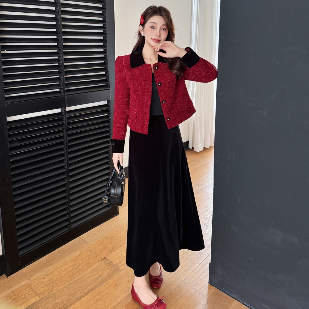 Christmas red coat chanelstyle temperament skirt 2pcs set