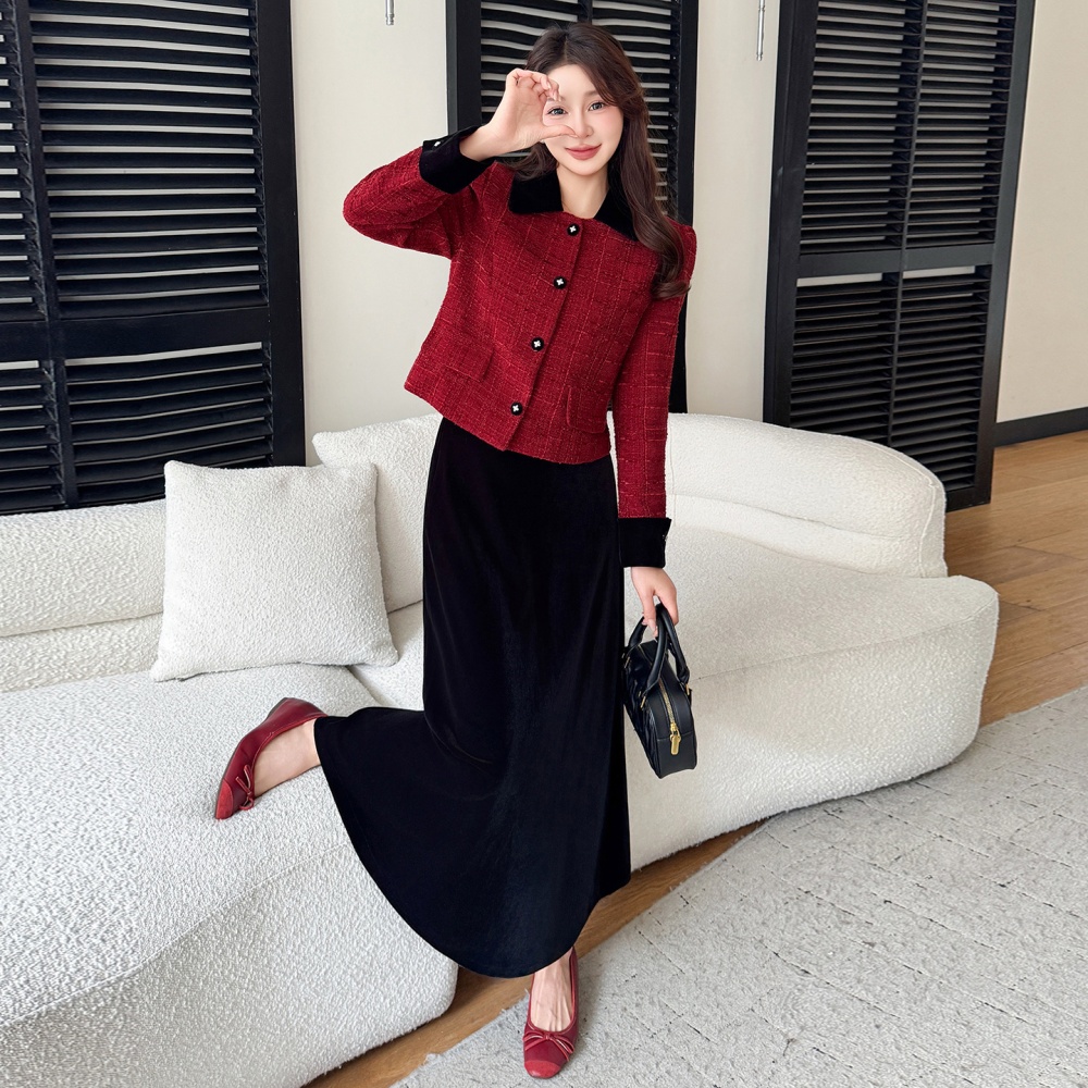 Christmas red coat chanelstyle temperament skirt 2pcs set