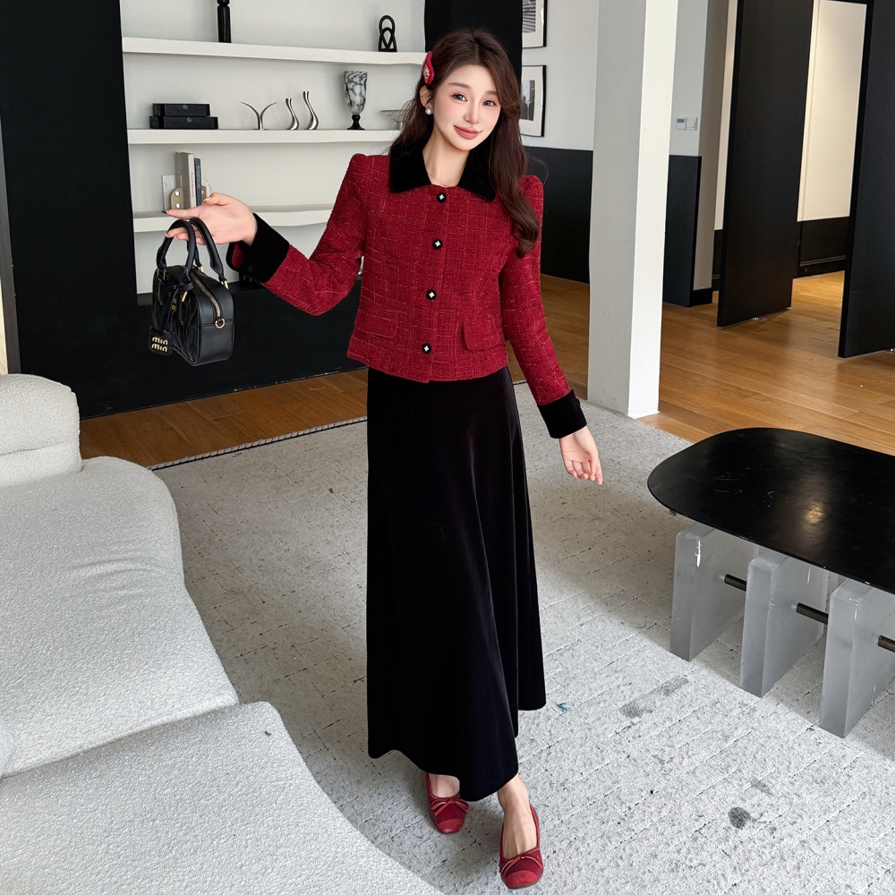 Christmas red coat chanelstyle temperament skirt 2pcs set