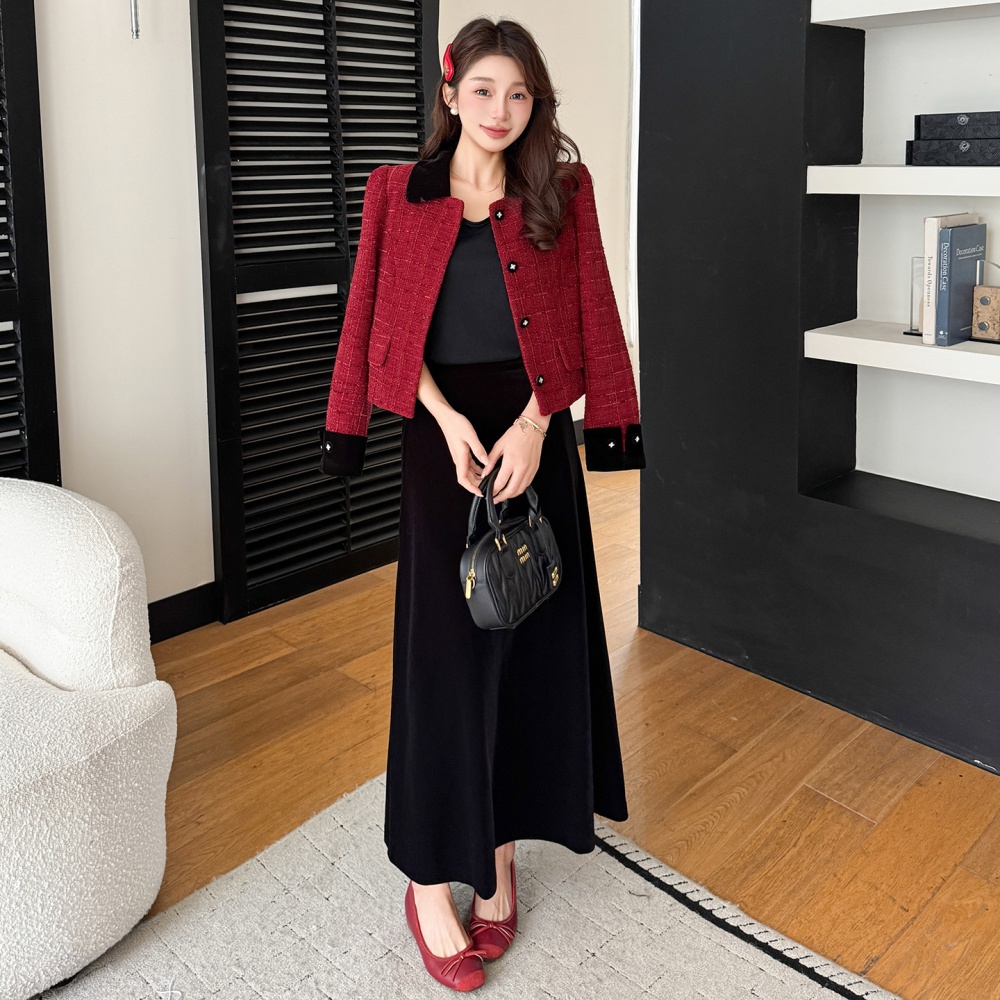 Christmas red coat chanelstyle temperament skirt 2pcs set