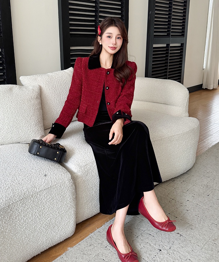 Christmas red coat chanelstyle temperament skirt 2pcs set