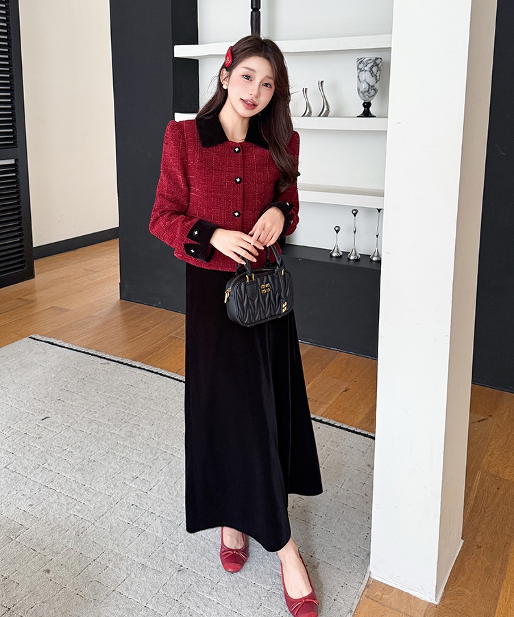 Christmas red coat chanelstyle temperament skirt 2pcs set