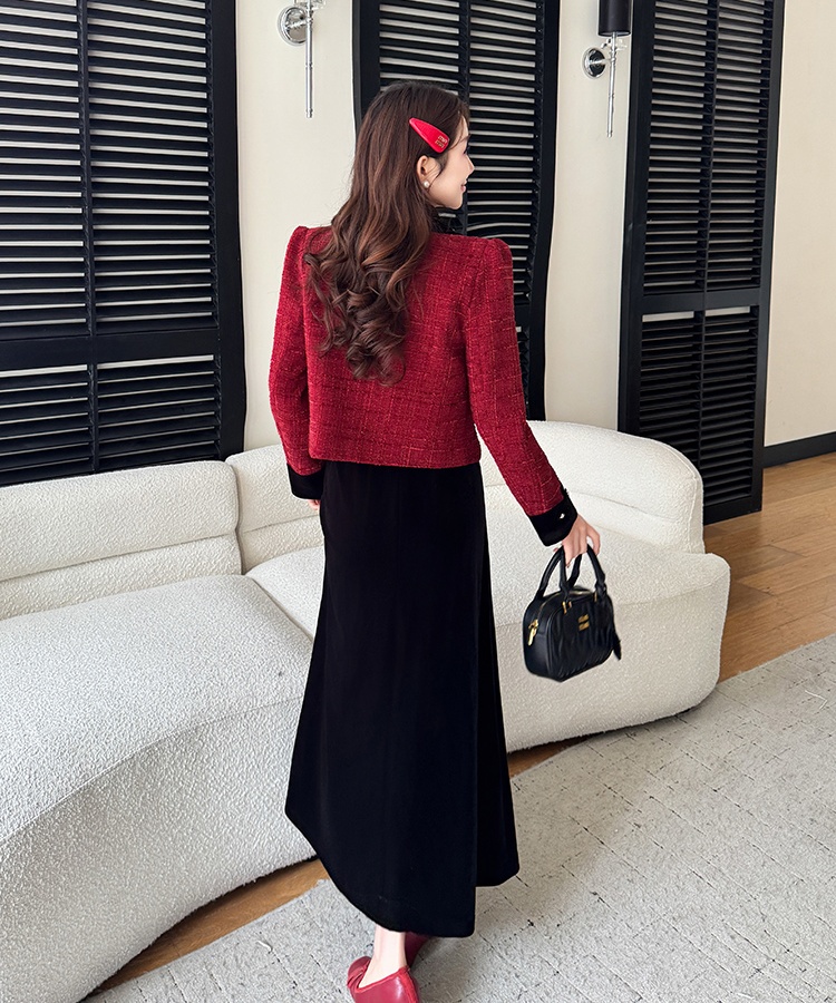 Christmas red coat chanelstyle temperament skirt 2pcs set