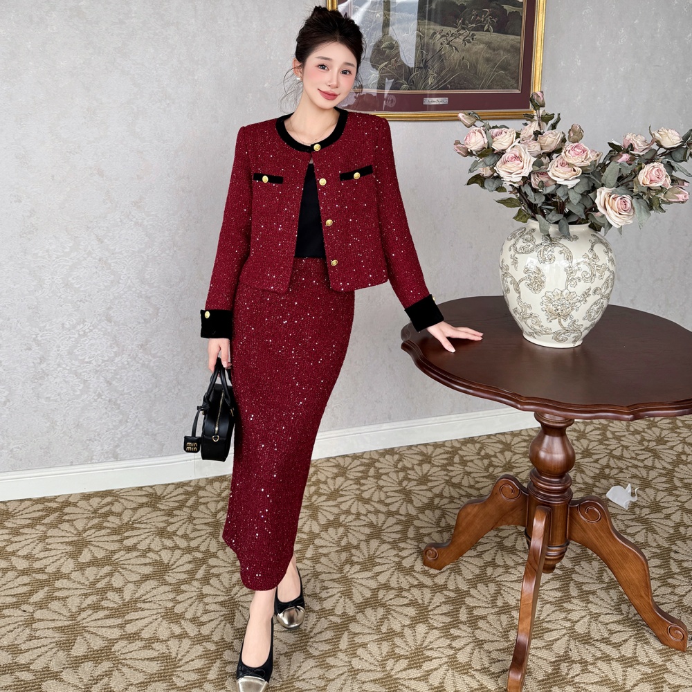 Christmas sequins skirt clip cotton France style coat a set