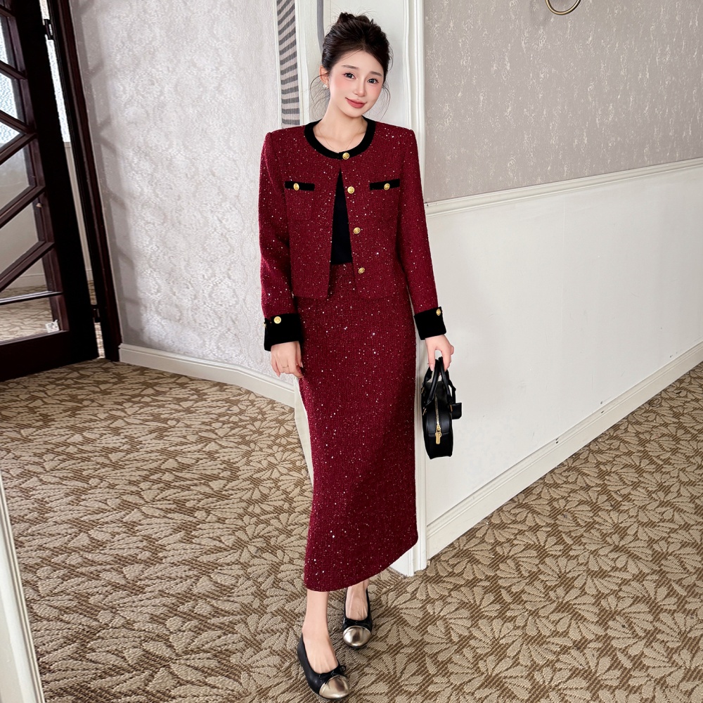 Christmas sequins skirt clip cotton France style coat a set