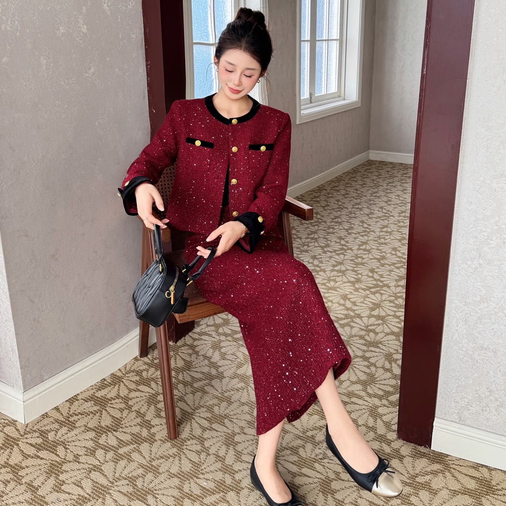 Christmas sequins skirt clip cotton France style coat a set
