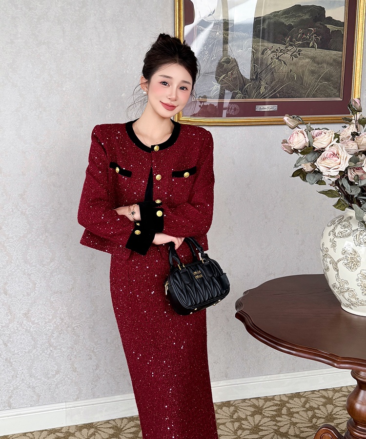 Christmas sequins skirt clip cotton France style coat a set