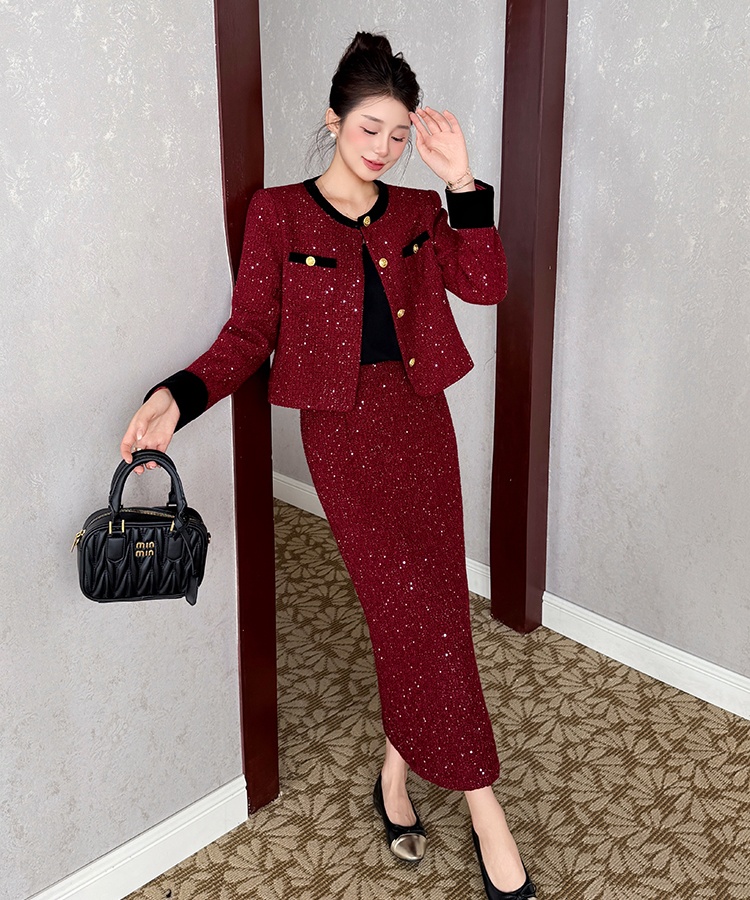 Christmas sequins skirt clip cotton France style coat a set