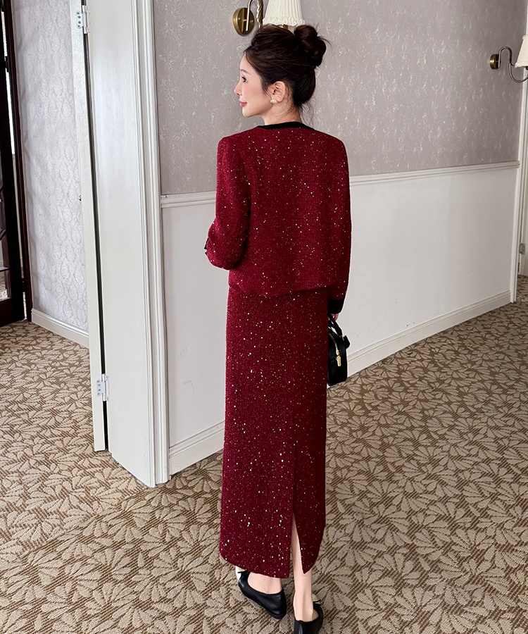 Christmas sequins skirt clip cotton France style coat a set