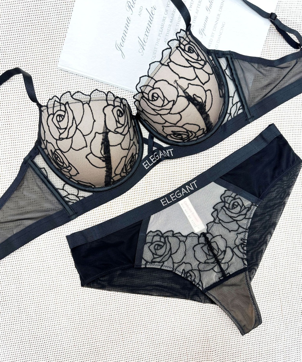 Rose sexy underwear small chest big gather Bra a set