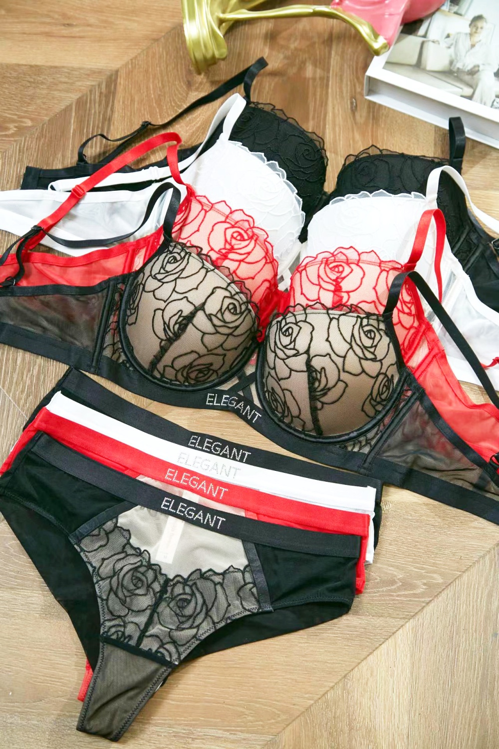 Rose sexy underwear small chest big gather Bra a set