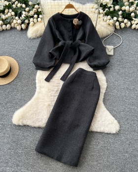 Bandage high waist skirt France style tops a set