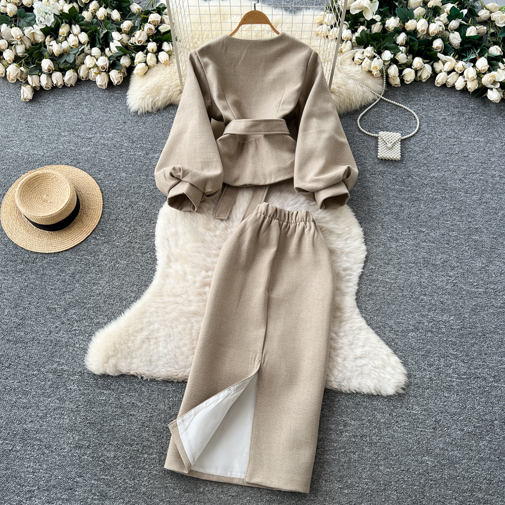 Bandage high waist skirt France style tops a set