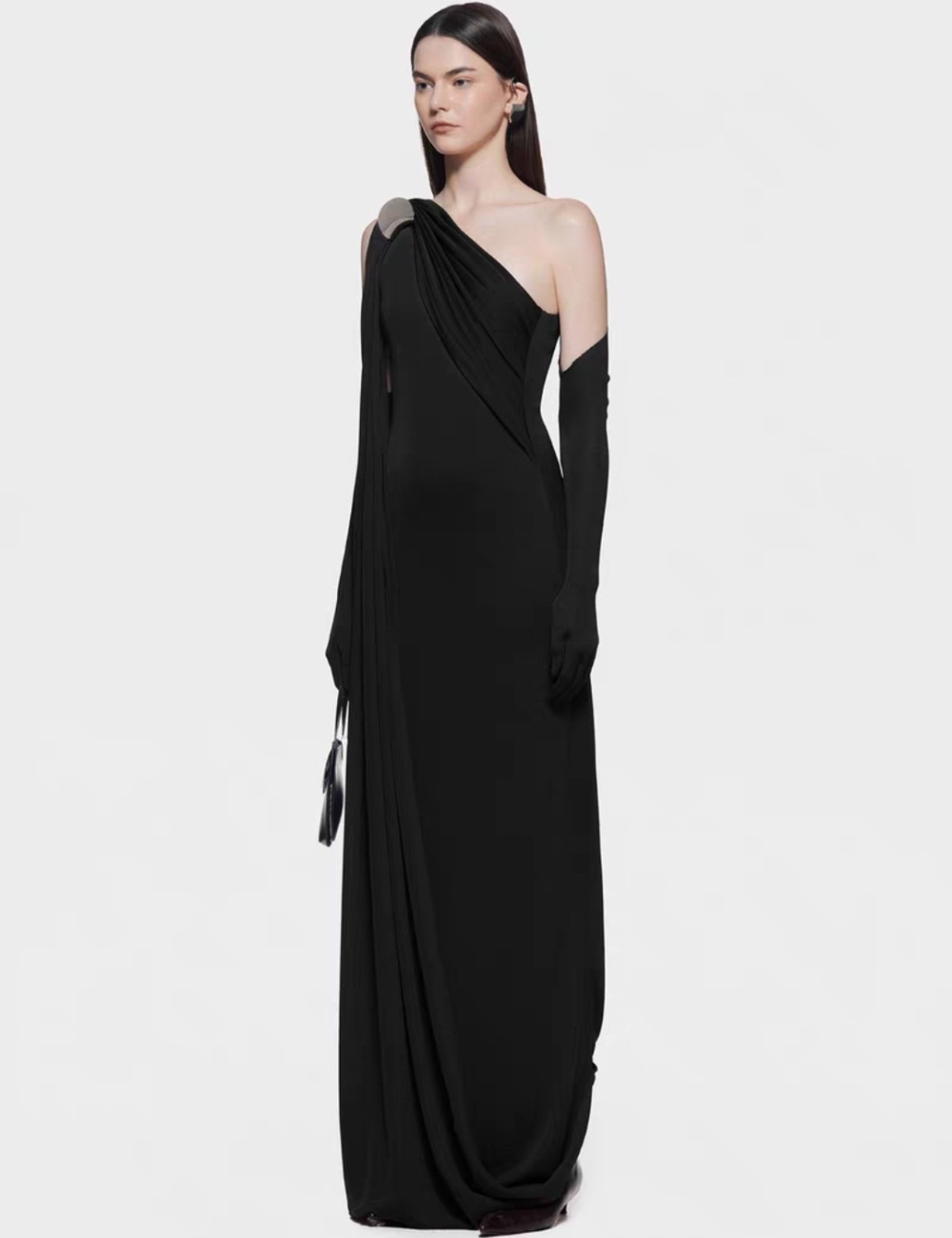 Temperament pure simple long dress shoulder sleeve slim dress
