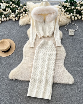 Knitted package hip niche fashion skirt 2pcs set