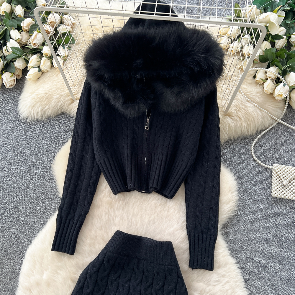 Knitted package hip niche fashion skirt 2pcs set