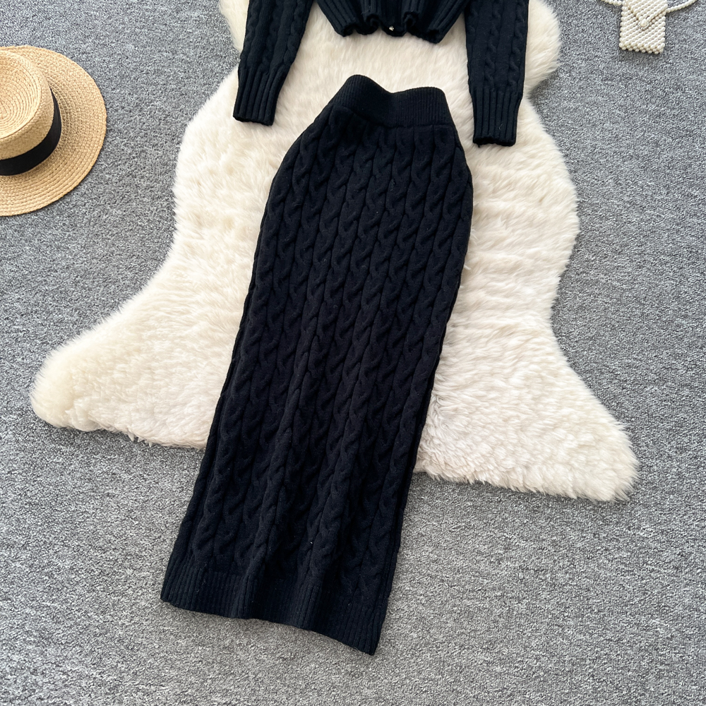 Knitted package hip niche fashion skirt 2pcs set